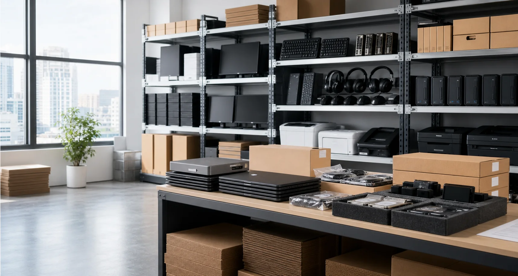 Organized computer hardware inventory ready for wholesale dispatch